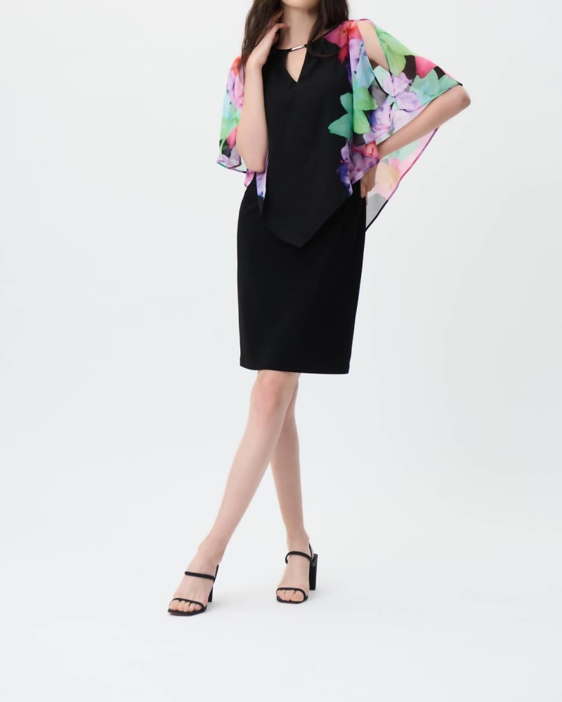 Front of a model wearing a size 16 Floral Printed Sleeves Dress In Black/Multi in Black/Multi by Joseph Ribkoff. | dia_product_style_image_id:353687